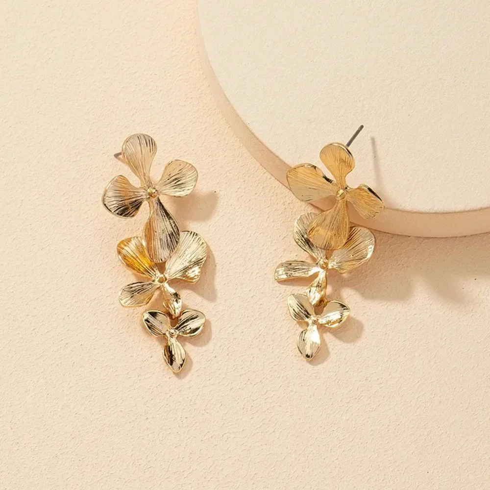 Gold Three Tier Gilded Floral Flower Drop Earrings NEW - Picture 6 of 6